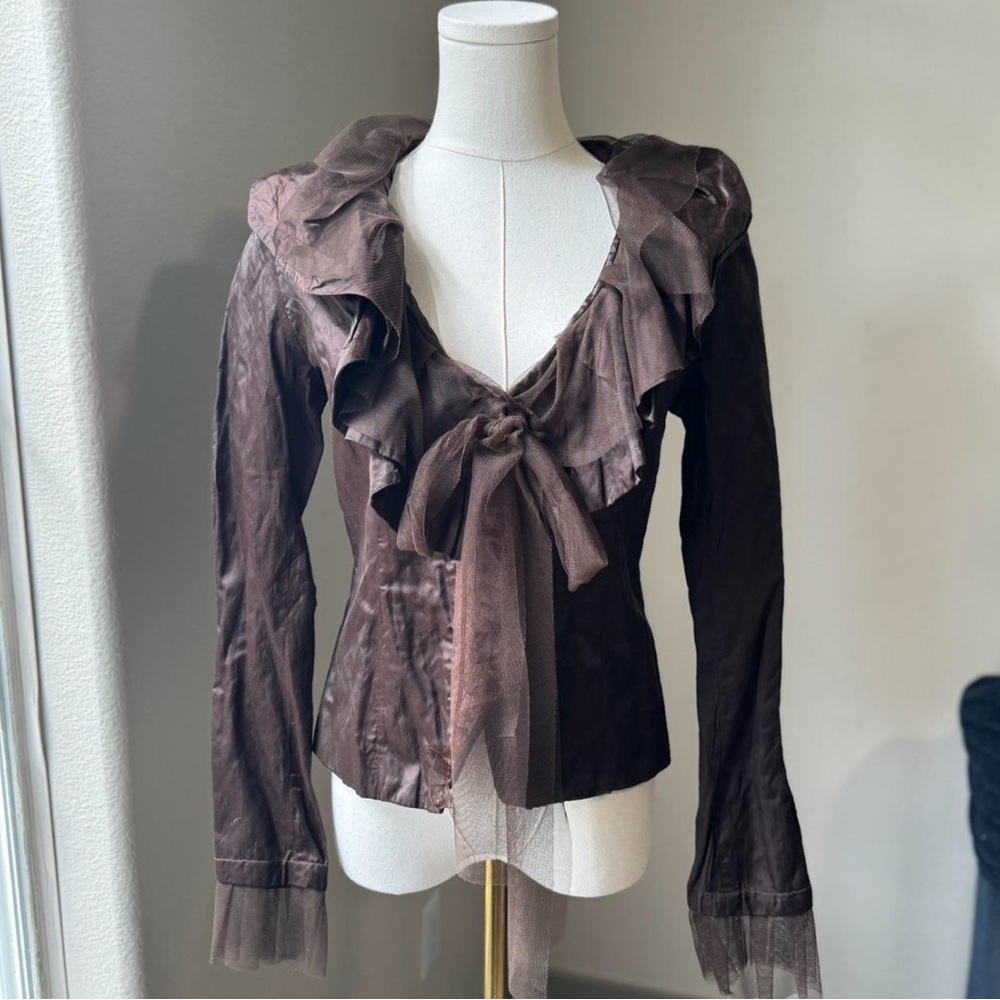 L’Officiel New Zealand Gorgeous Dark Brown Ruffle and Lace Blouse.